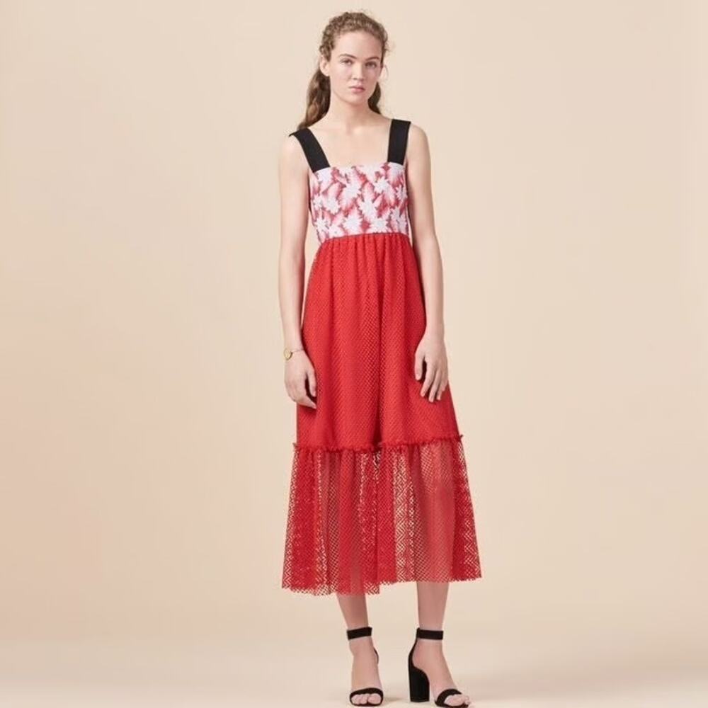 MAJE Ramila Rouge Mixed Media Floral Midi Dress Size 1 US-Small Made in France